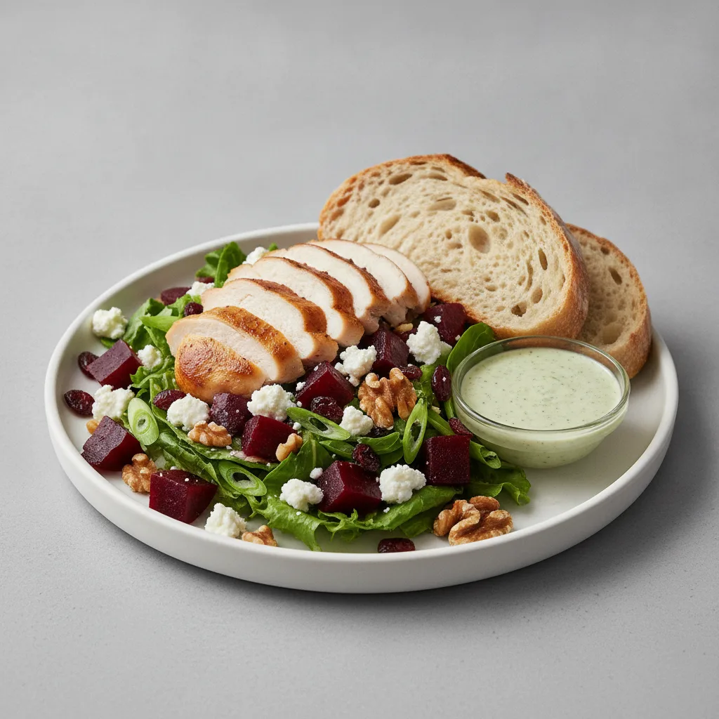 Fresh Beet and Goat Cheese, Roasted Chicken, Green Goddess Dressing, Sourdough