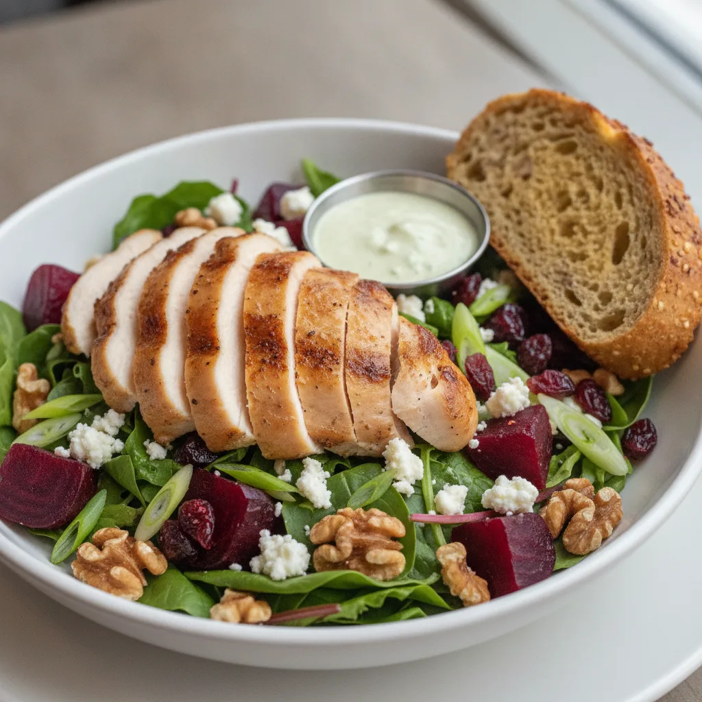 Fresh Beet and Goat Cheese, Roasted Chicken, Green Goddess Dressing, GF Bread