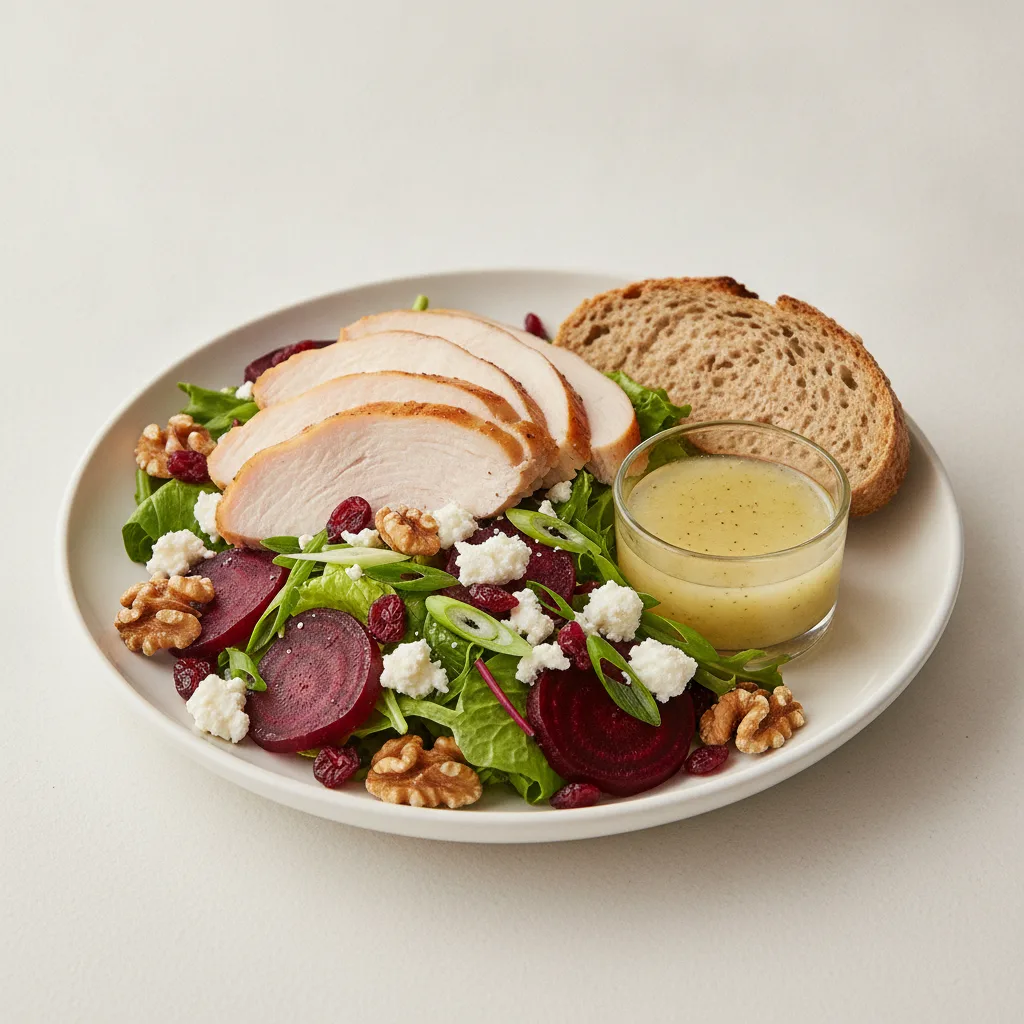 Fresh Beet and Goat Cheese, Roasted Turkey, Lemon Herb Vinaigrette, GF Bread