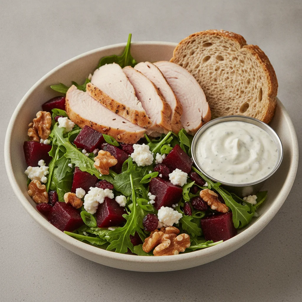 Fresh Beet and Goat Cheese, Roasted Turkey, Blue Cheese Dressing, GF Bread