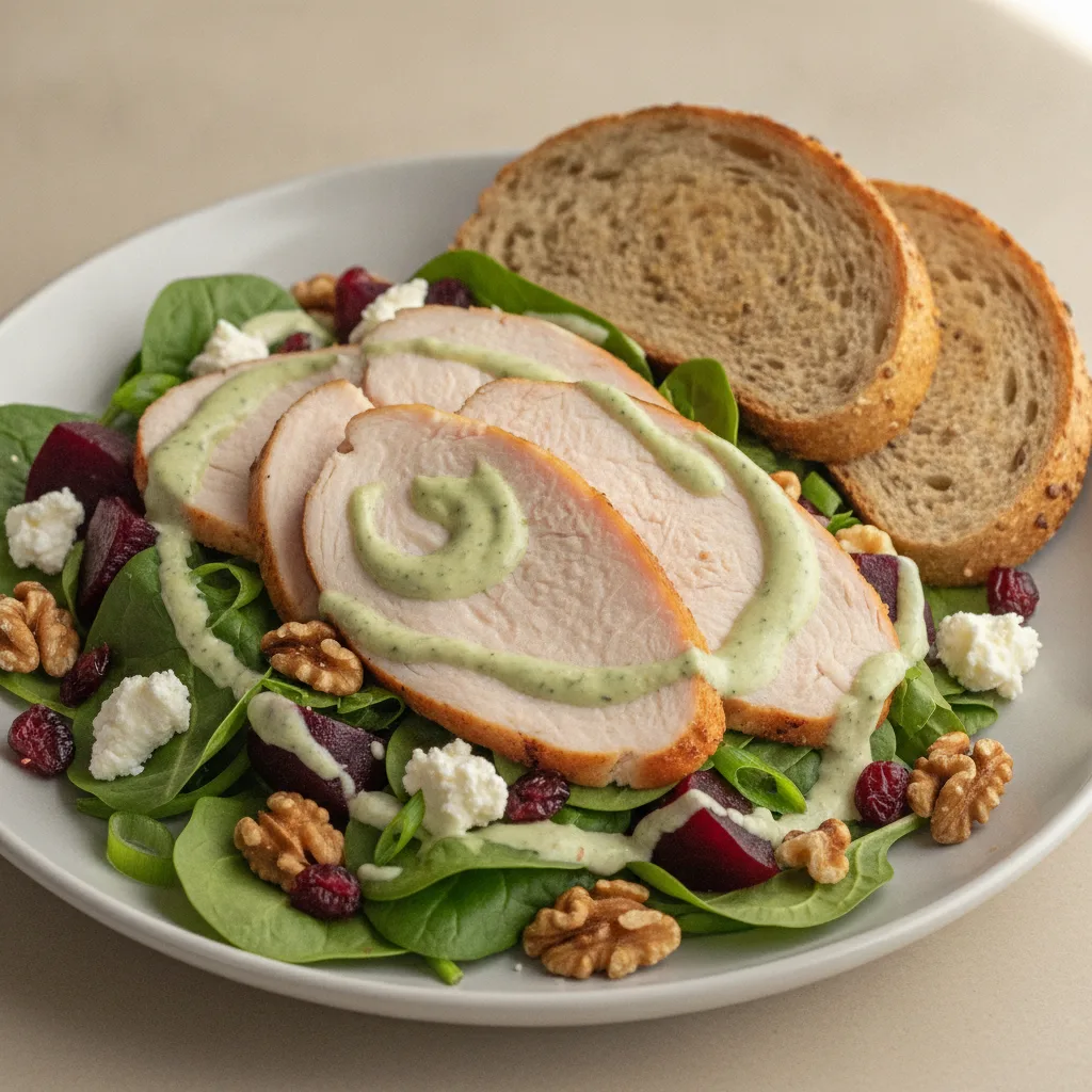 Fresh Beet and Goat Cheese, Roasted Turkey, Green Goddess Dressing, GF Bread
