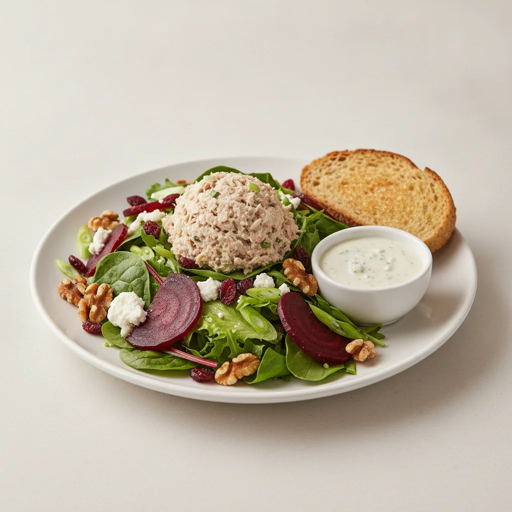 Fresh Beet and Goat Cheese, Albacore Tuna Salad, Blue Cheese Dressing, GF Bread