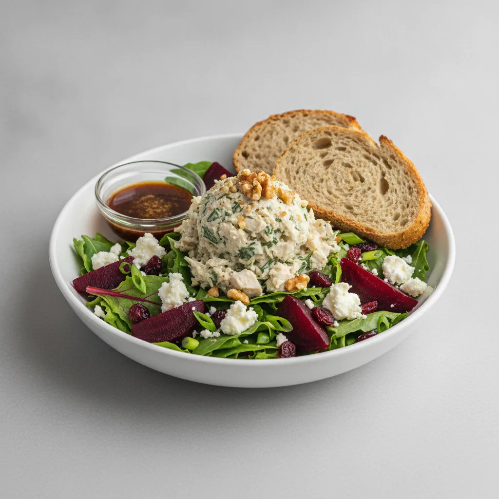 Fresh Beet and Goat Cheese, Herb Chicken Salad, Balsamic Vinaigrette, GF Bread