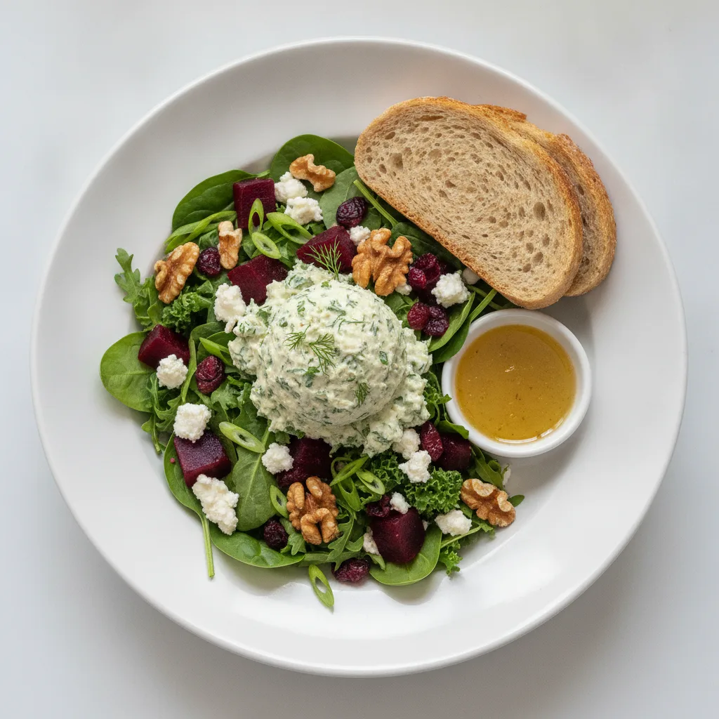Fresh Beet and Goat Cheese, Herb Chicken Salad, Lemon Herb Vinaigrette, GF Bread