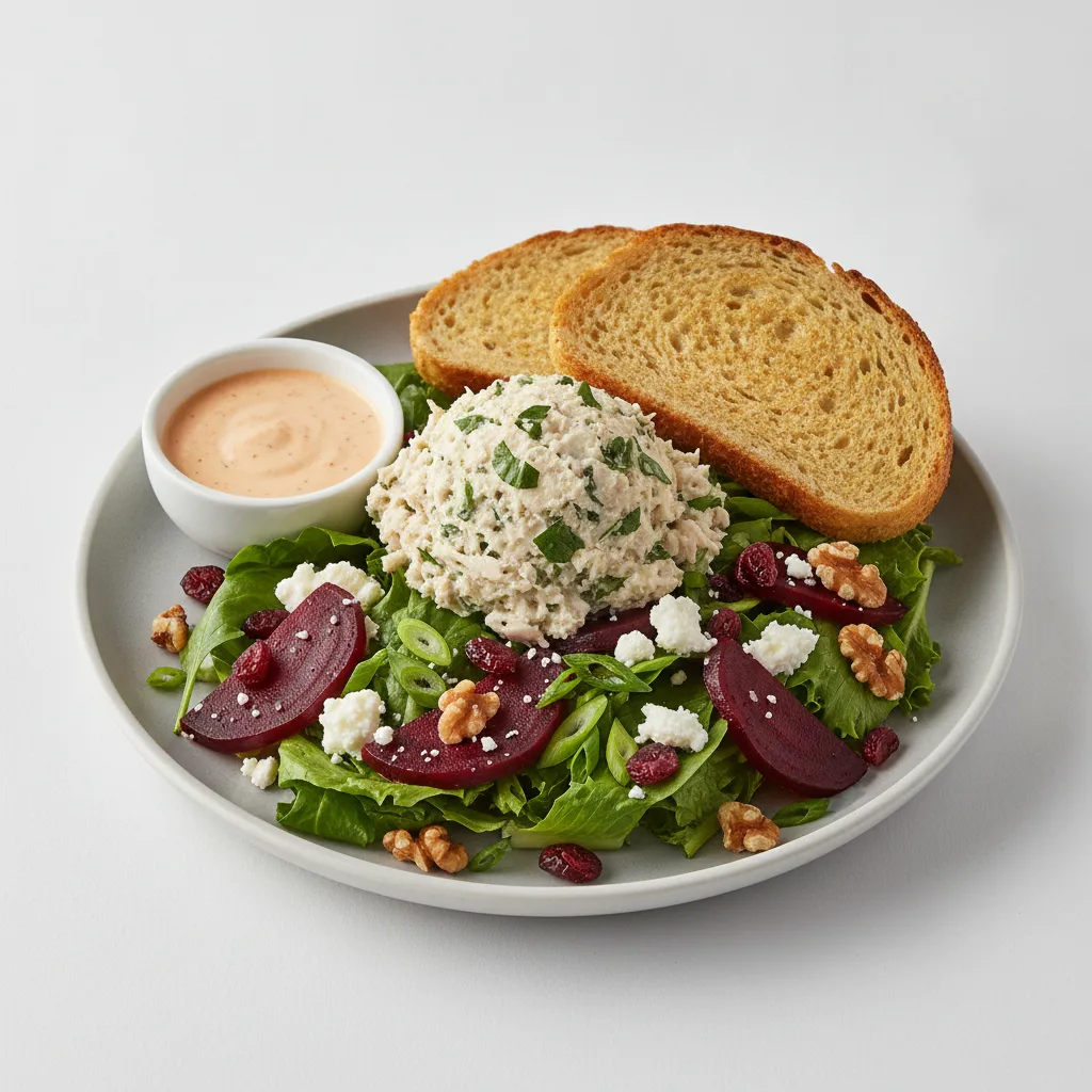 Fresh Beet and Goat Cheese, Herb Chicken Salad, Chipotle Ranch, GF Bread