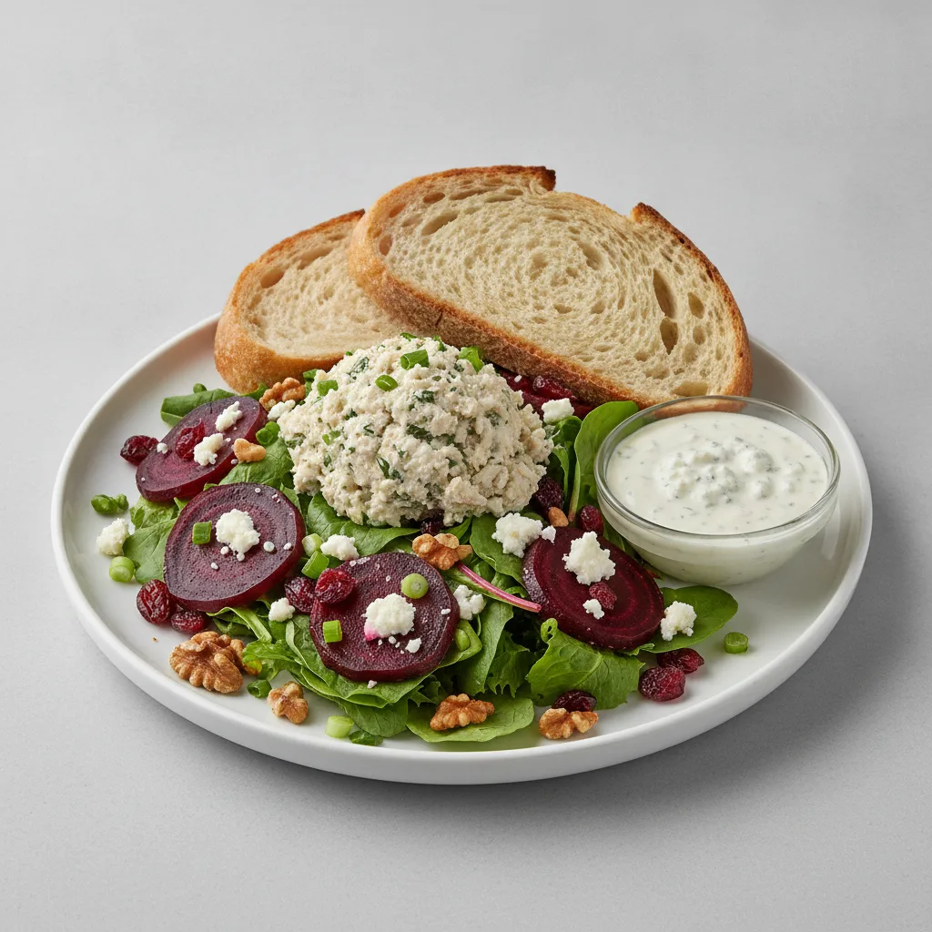 Fresh Beet and Goat Cheese, Herb Chicken Salad, Blue Cheese Dressing, Sourdough
