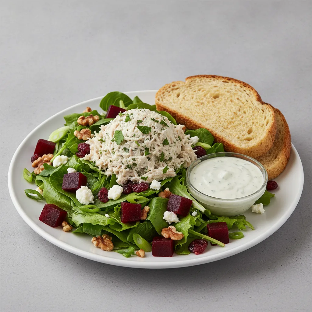 Fresh Beet and Goat Cheese, Herb Chicken Salad, Blue Cheese Dressing, GF Bread