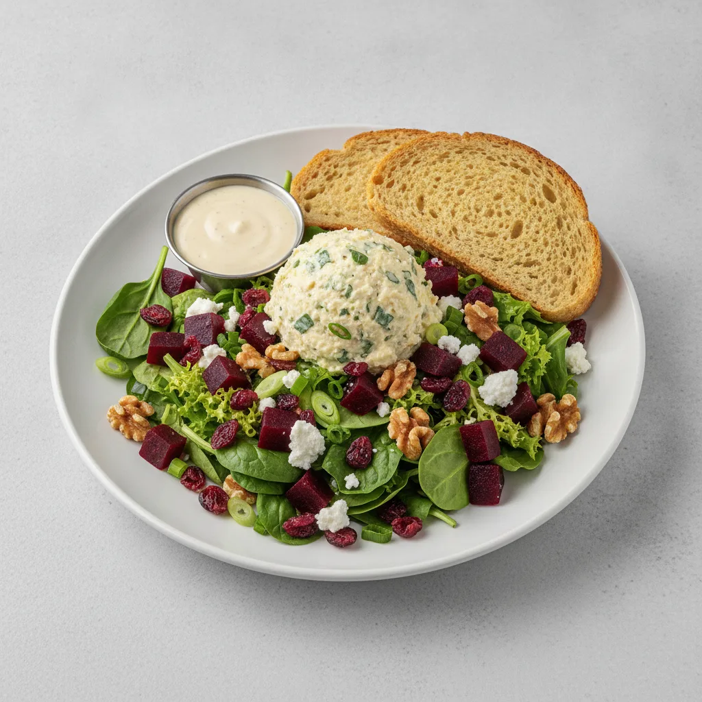 Fresh Beet and Goat Cheese, Herb Chicken Salad, Caesar Dressing, GF Bread