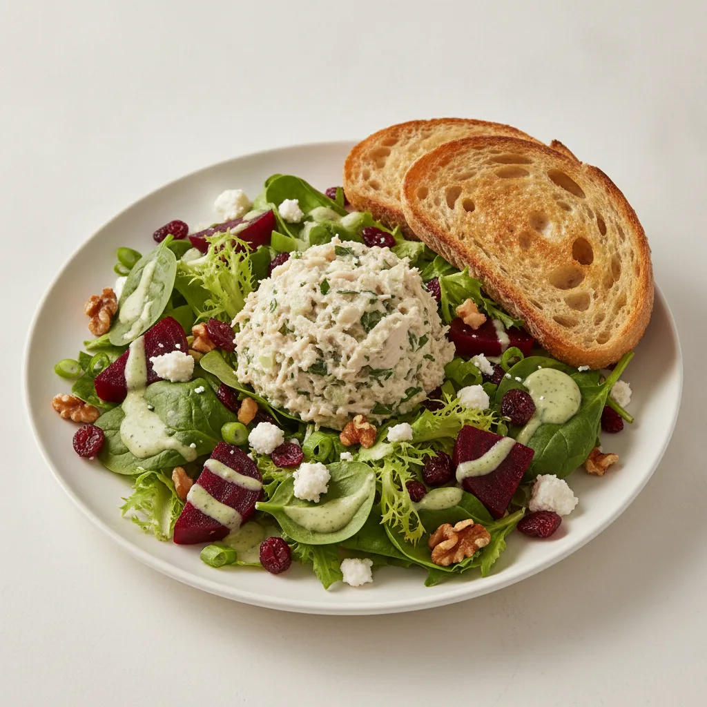 Fresh Beet and Goat Cheese, Herb Chicken Salad, Dressing, Sourdough