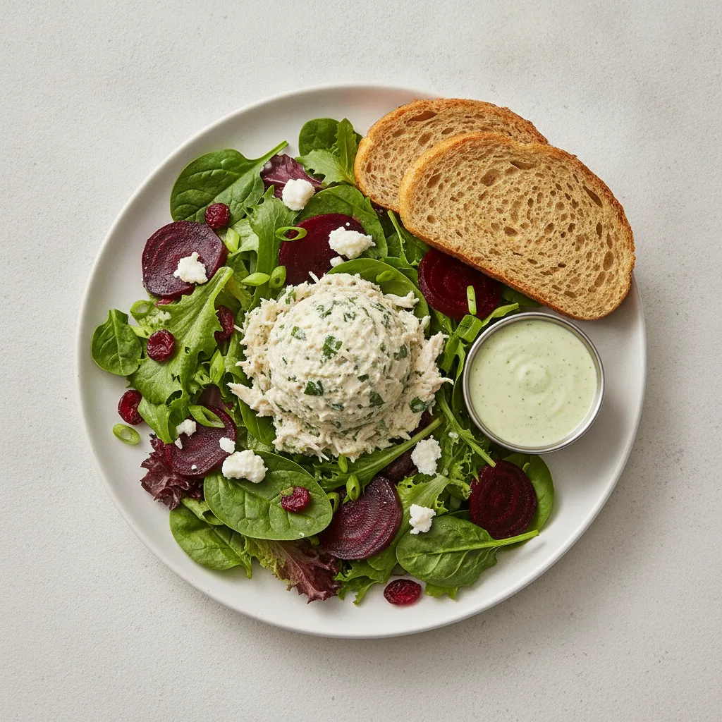 Fresh Beet and Goat Cheese, Herb Chicken Salad, Dressing, GF Bread