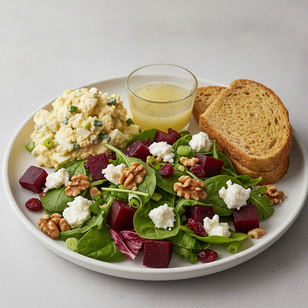 Fresh Beet and Goat Cheese, Japanese Egg Salad, Lemon Herb Vinaigrette, GF Bread