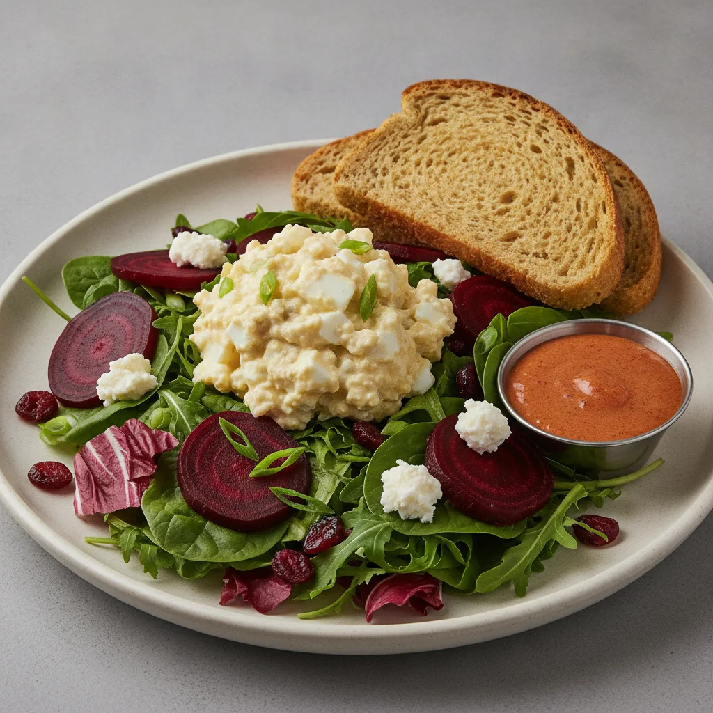 Fresh Beet and Goat Cheese, Japanese Egg Salad, Chipotle Ranch, GF Bread
