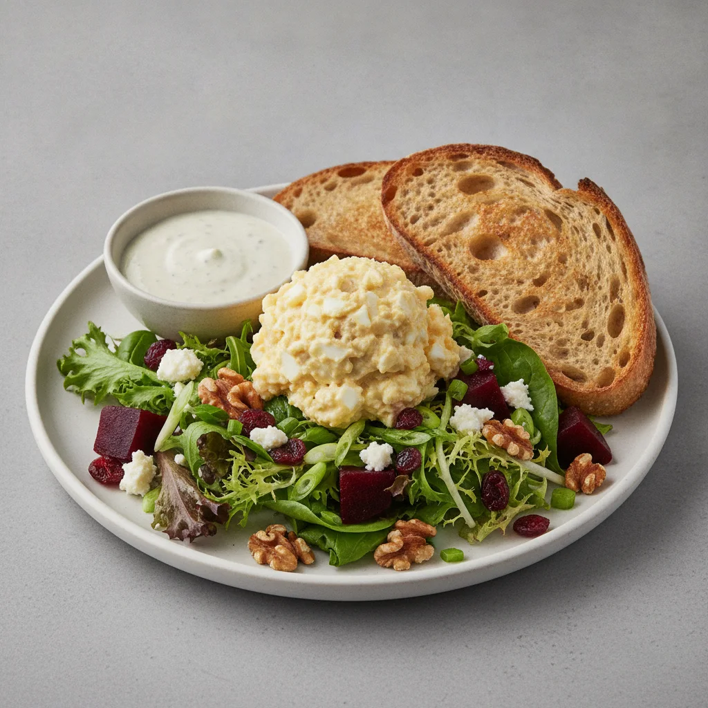 Fresh Beet and Goat Cheese, Japanese Egg Salad, Blue Cheese Dressing, Sourdough