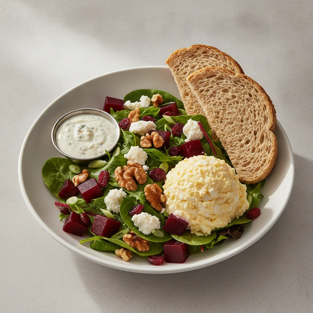 Fresh Beet and Goat Cheese, Japanese Egg Salad, Blue Cheese Dressing, GF Bread