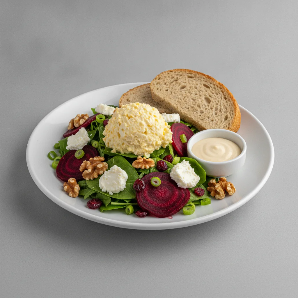 Fresh Beet and Goat Cheese, Japanese Egg Salad, Caesar Dressing, GF Bread