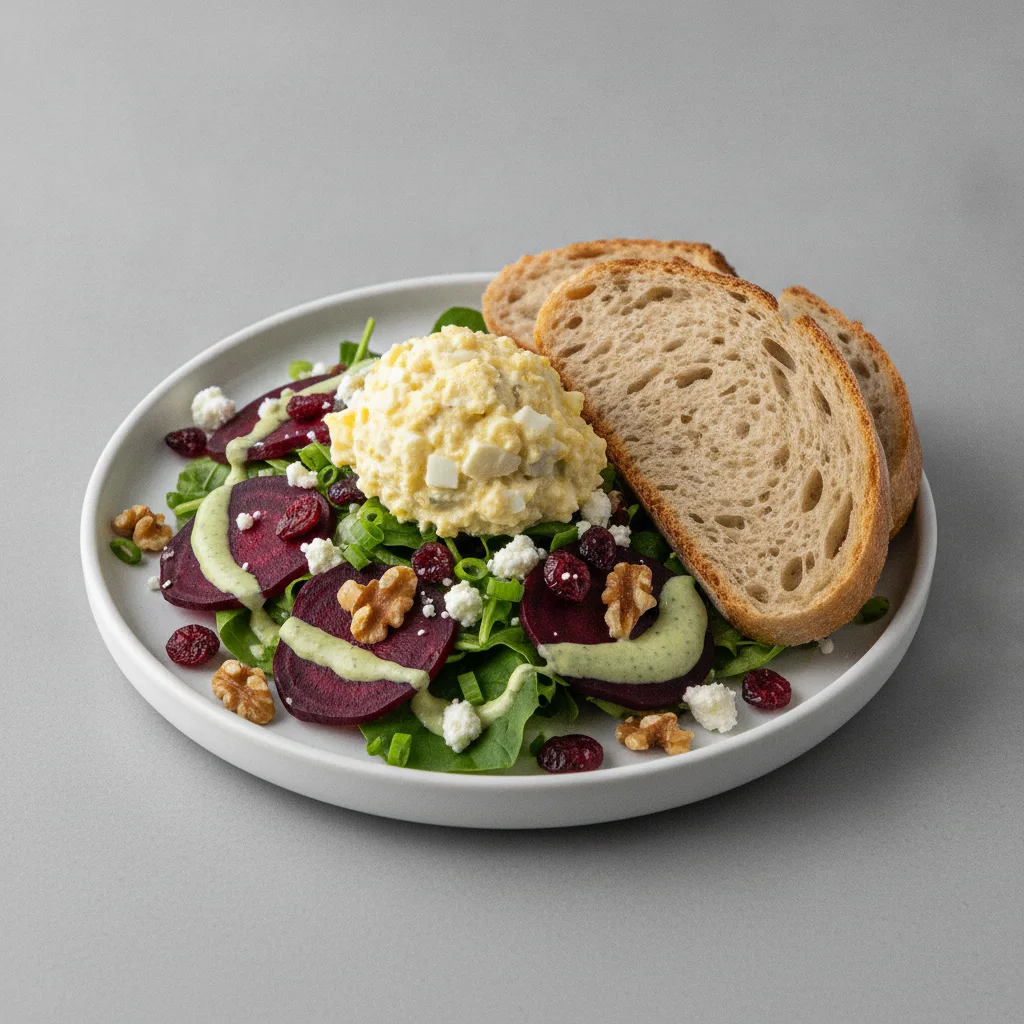 Fresh Beet and Goat Cheese, Japanese Egg Salad, Dressing, Sourdough