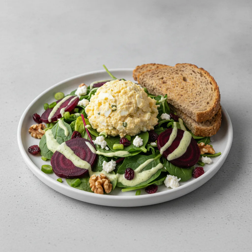 Fresh Beet and Goat Cheese, Japanese Egg Salad, Dressing, GF Bread
