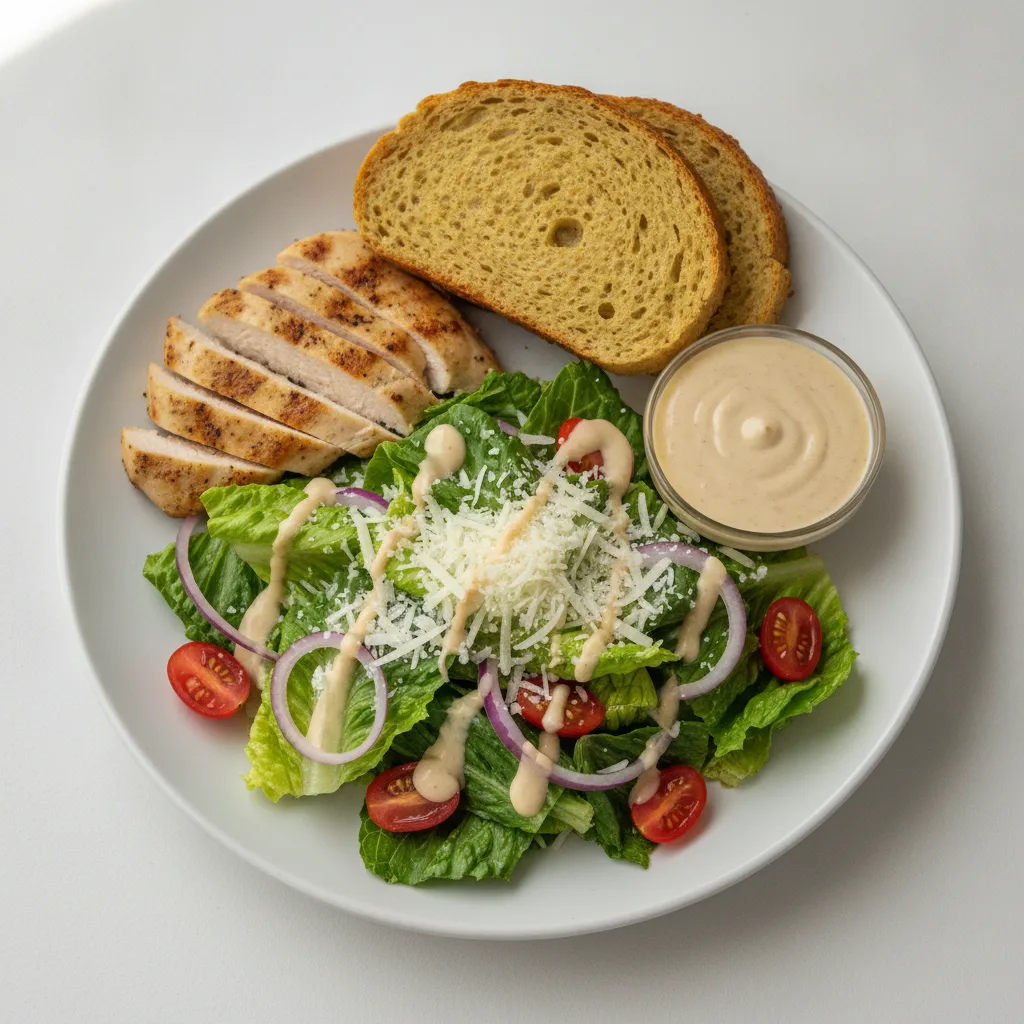 Our Caesar Salad, Caesar Dressing, GF Bread