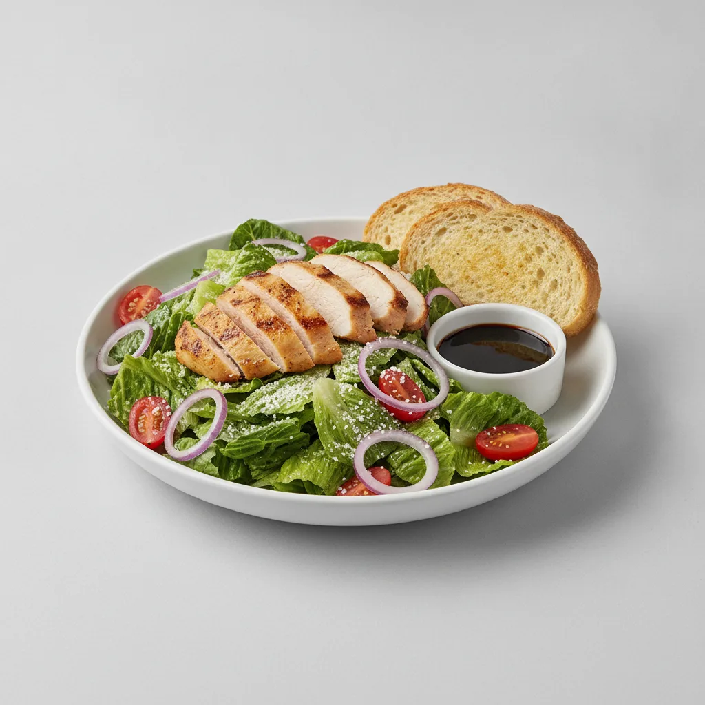 Our Caesar Salad, Roasted Chicken, Balsamic Vinaigrette, GF Bread