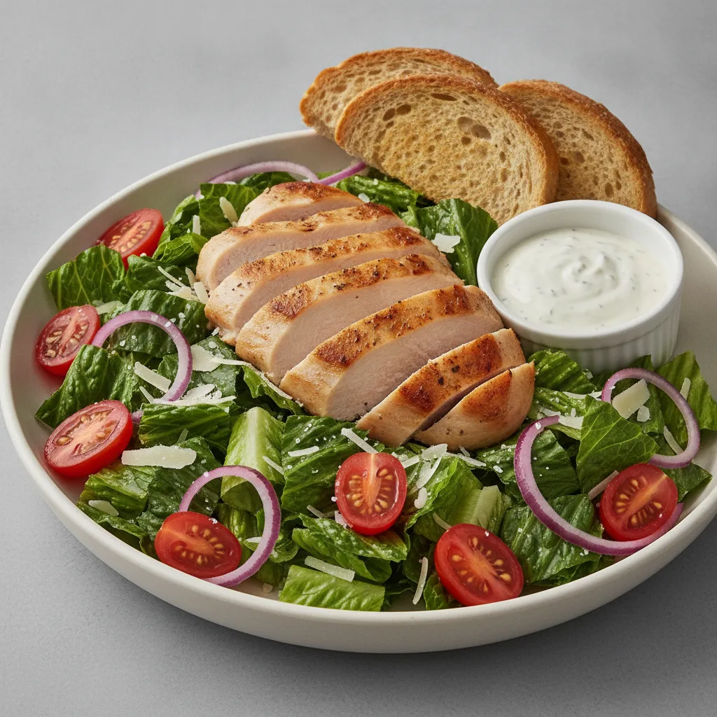 Our Caesar Salad, Roasted Chicken, Blue Cheese Dressing, GF Bread