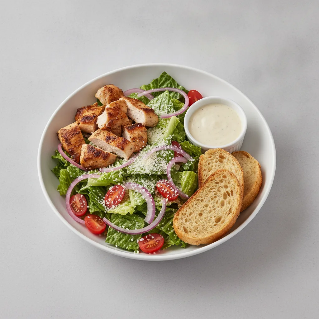 Our Caesar Salad, Roasted Chicken, Caesar Dressing, GF Bread