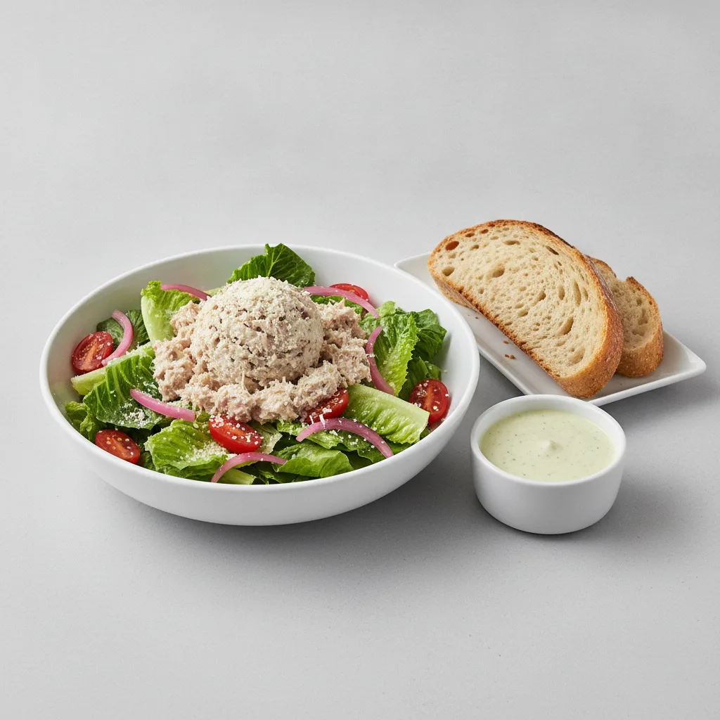 Our Caesar Salad, Albacore Tuna Salad, Green Goddess Dressing, GF Bread