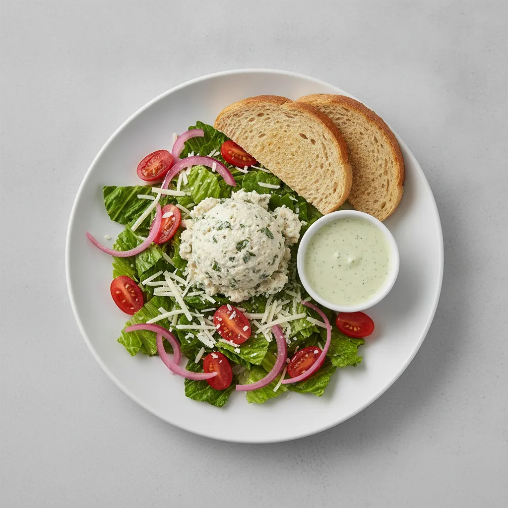 Our Caesar Salad, Herb Chicken Salad, Green Goddess Dressing, GF Bread