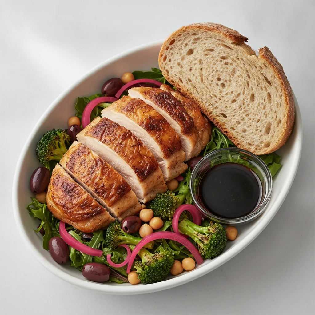 Mama's Mediterranean, Roasted Chicken, Balsamic Vinaigrette, GF Bread