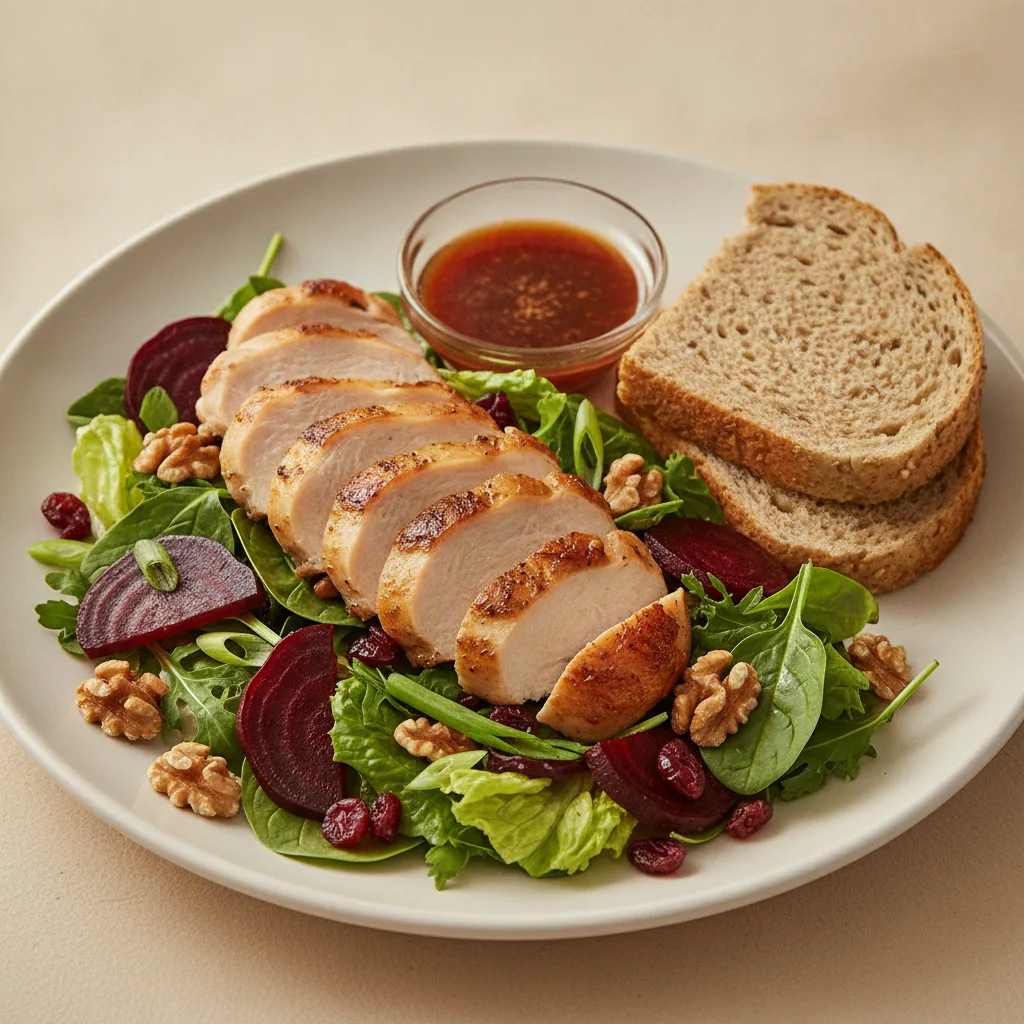 Fresh Beet and Roasted Chicken, Balsamic Vinaigrette, GF Bread