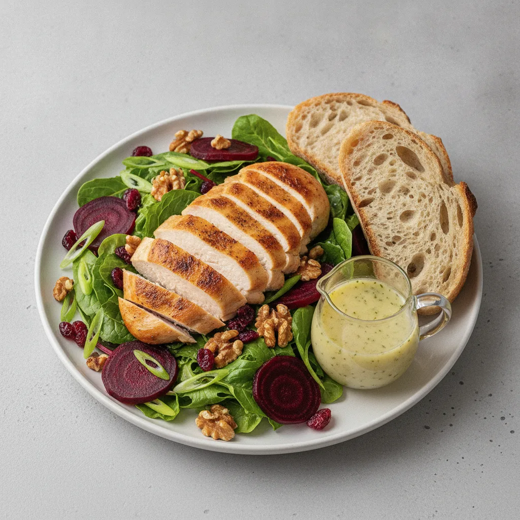 Fresh Beet and Roasted Chicken, Lemon Herb Vinaigrette, Sourdough