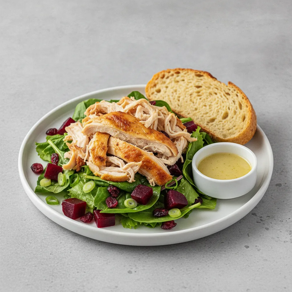 Fresh Beet and Roasted Chicken, Lemon Herb Vinaigrette, GF Bread