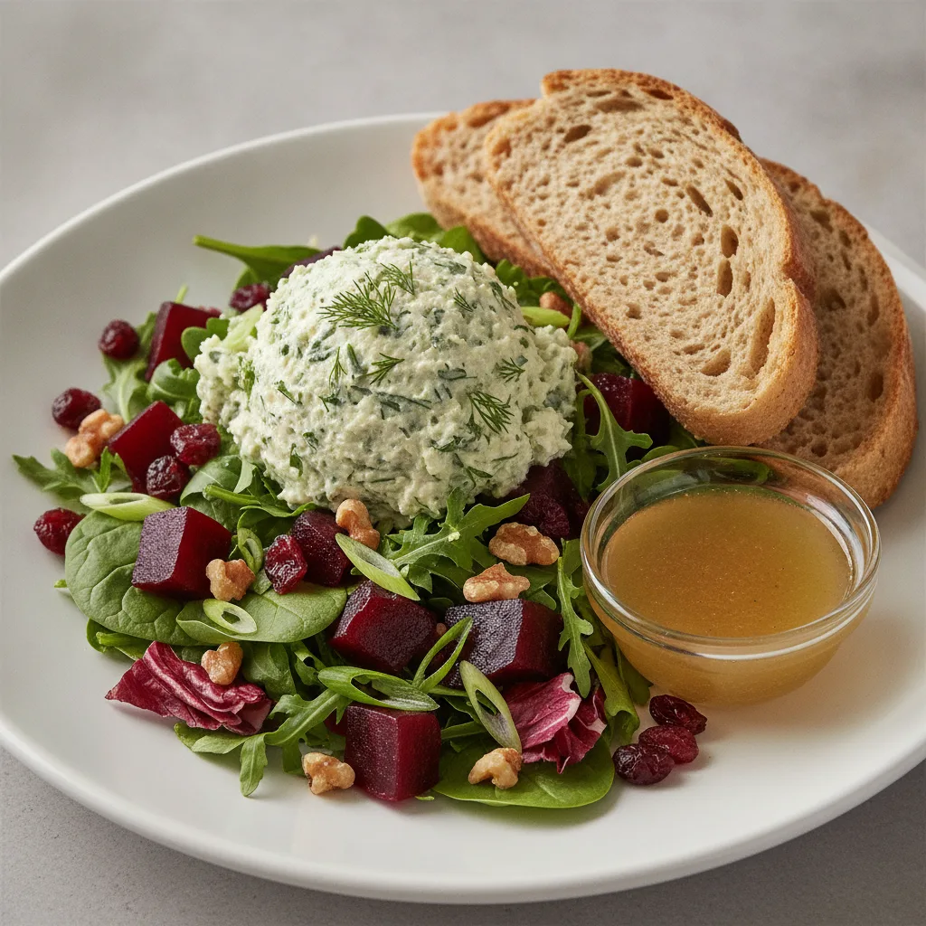Fresh Beet and Herb Chicken Salad, Lemon Herb Vinaigrette, GF Bread