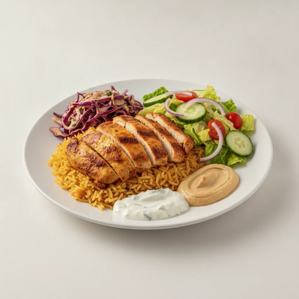 Seasoned Rice, Shawarma Chicken with Seasoned Cabbage and Garden Salad