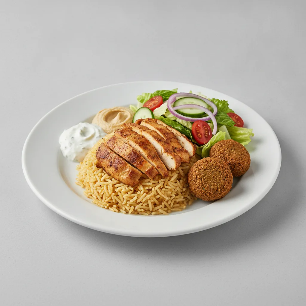 Seasoned Rice, Shawarma Chicken with Falafel and Garden Salad