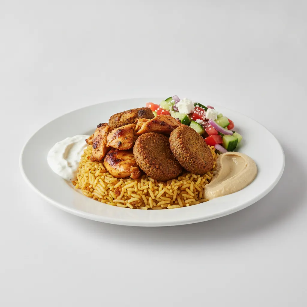 Seasoned Rice, Shawarma Chicken with Falafel and Greek Salad