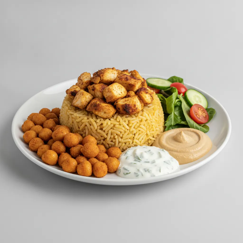 Seasoned Rice, Shawarma Chicken with Masala Chickpeas and Garden Salad