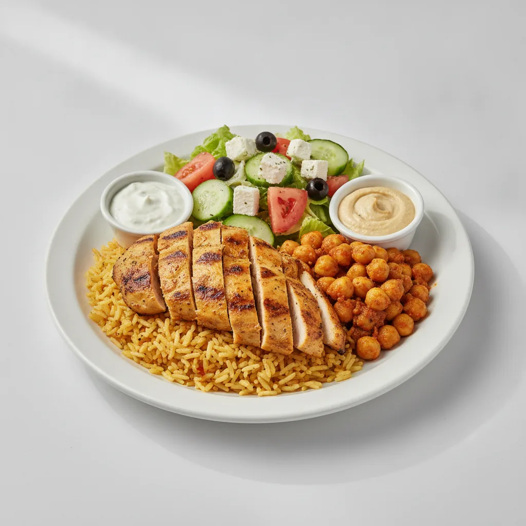 Seasoned Rice, Shawarma Chicken with Masala Chickpeas and Greek Salad