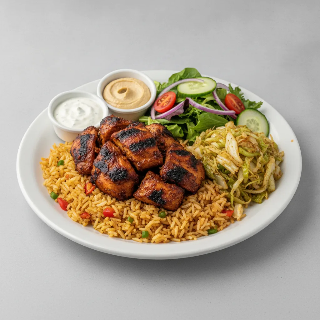 Seasoned Rice, Jerk Chicken with Seasoned Cabbage and Garden Salad