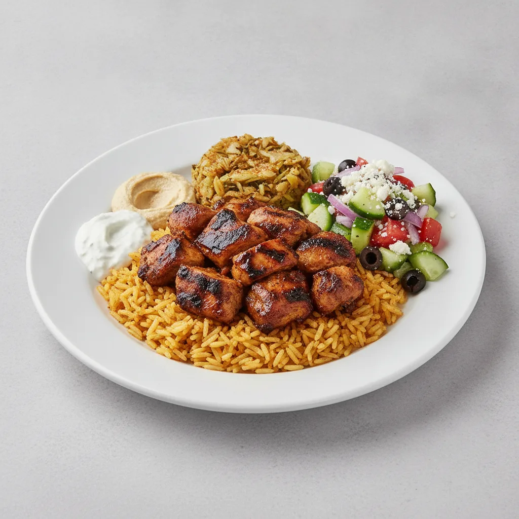 Seasoned Rice, Jerk Chicken with Seasoned Cabbage and Greek Salad