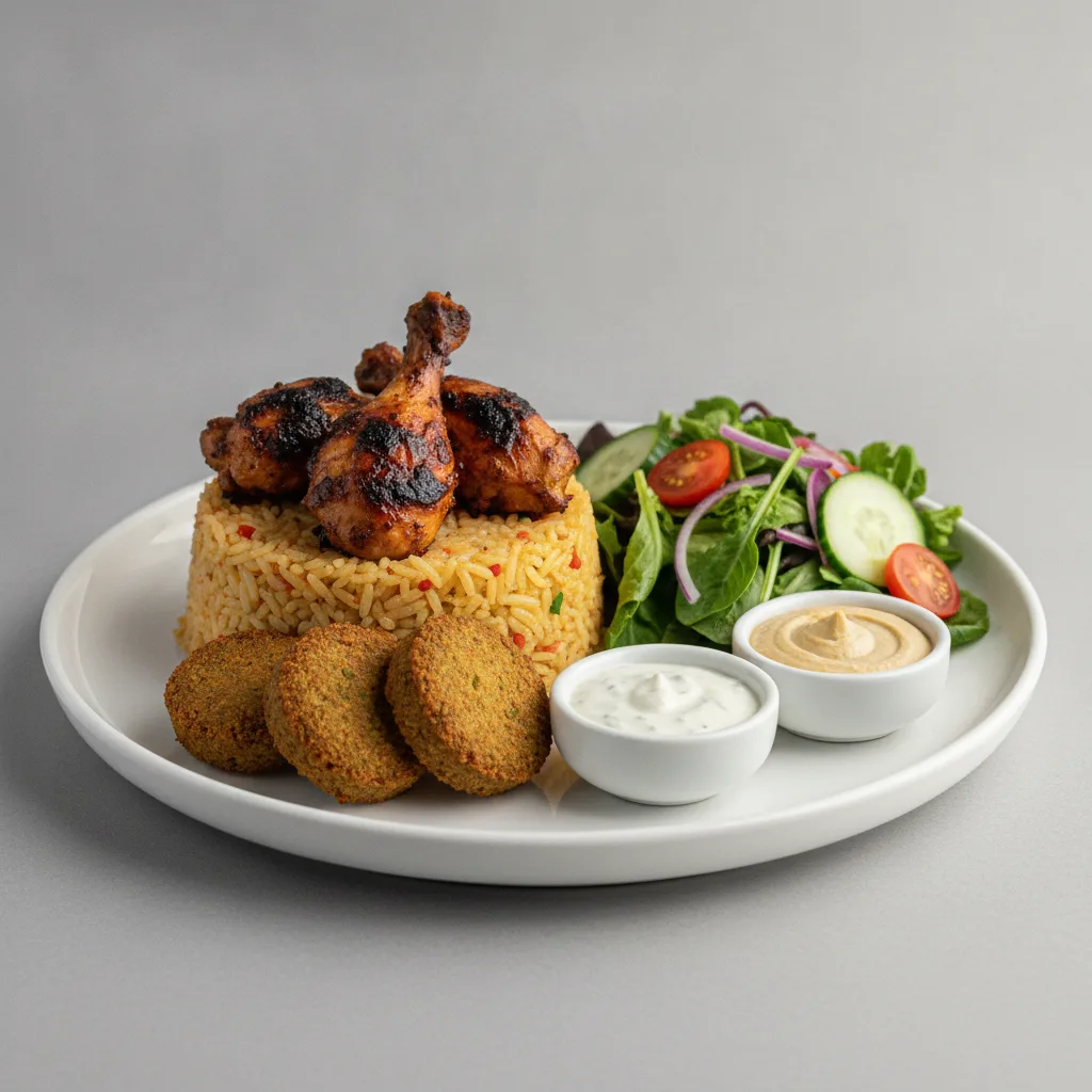 Seasoned Rice, Jerk Chicken with Falafel and Garden Salad