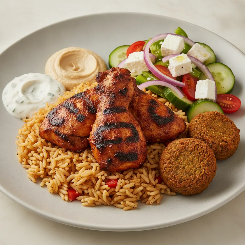 Seasoned Rice, Jerk Chicken with Falafel and Greek Salad
