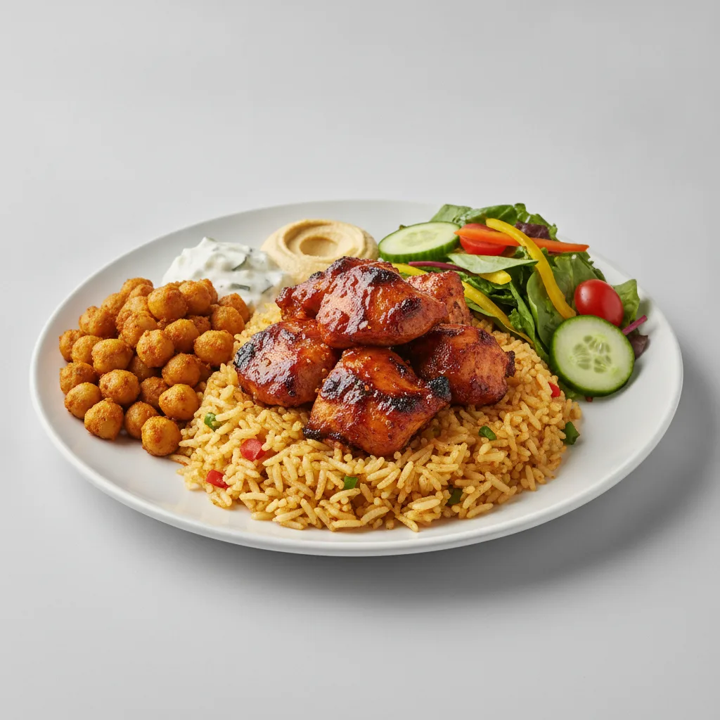 Seasoned Rice, Jerk Chicken with Masala Chickpeas and Garden Salad