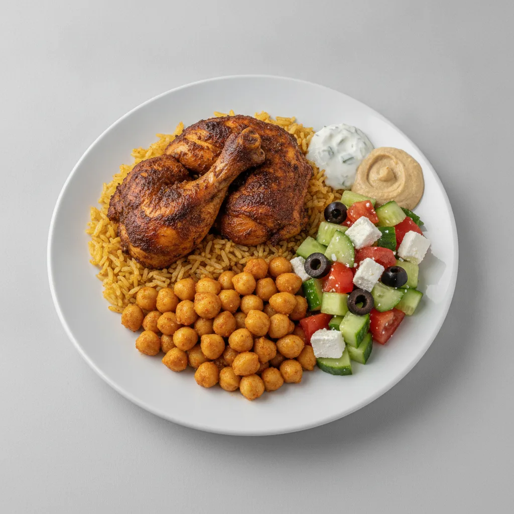 Seasoned Rice, Jerk Chicken with Masala Chickpeas and Greek Salad