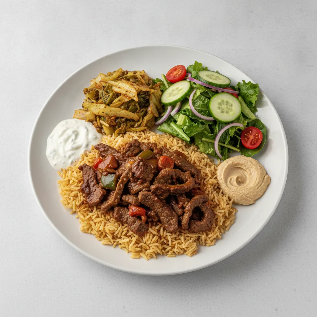 Seasoned Rice, Pepper Steak with Seasoned Cabbage and Garden Salad