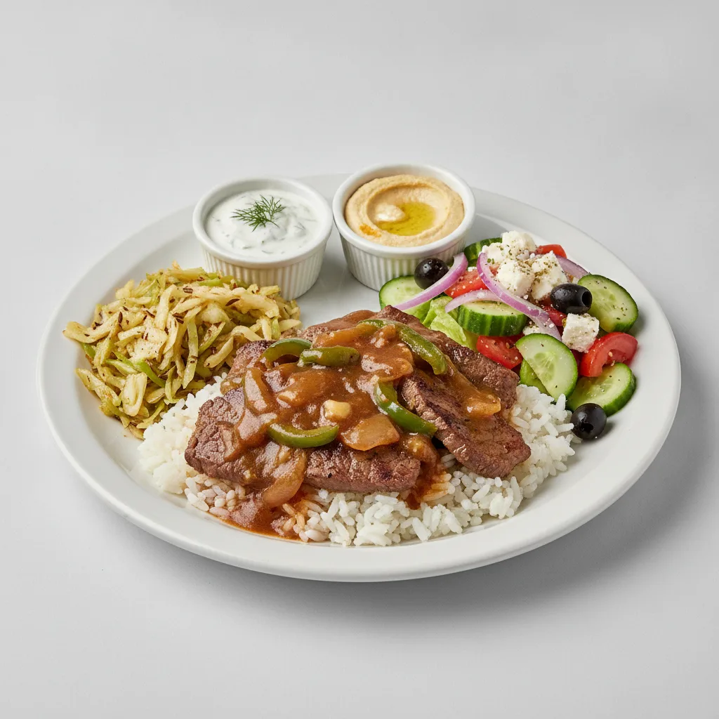 Seasoned Rice, Pepper Steak with Seasoned Cabbage and Greek Salad