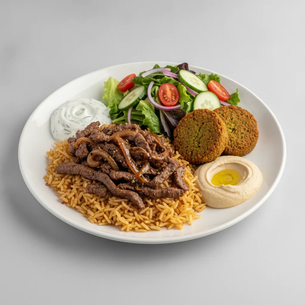 Seasoned Rice, Pepper Steak with Falafel and Garden Salad