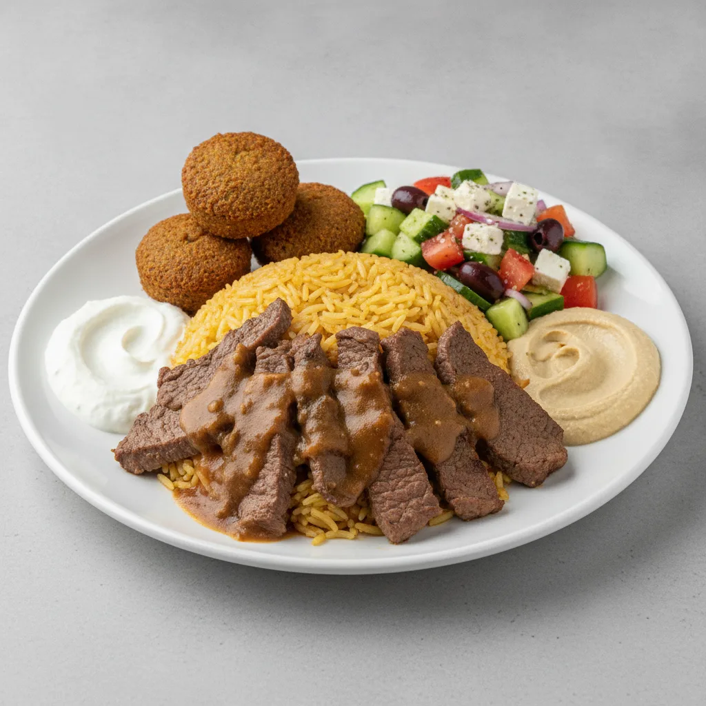 Seasoned Rice, Pepper Steak with Falafel and Greek Salad