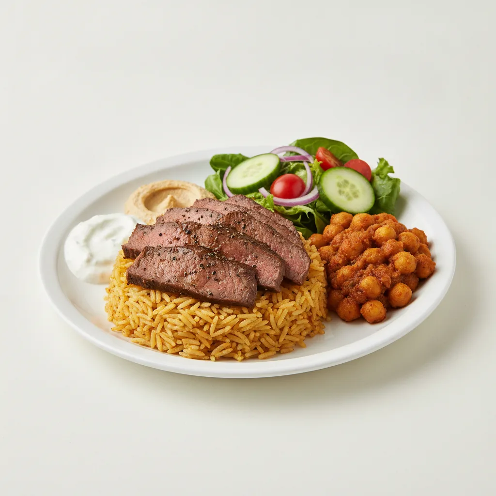 Seasoned Rice, Pepper Steak with Masala Chickpeas and Garden Salad