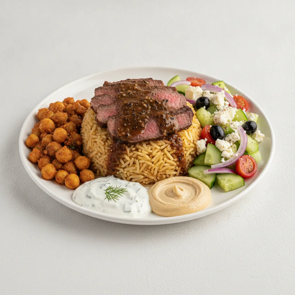 Seasoned Rice, Pepper Steak with Masala Chickpeas and Greek Salad