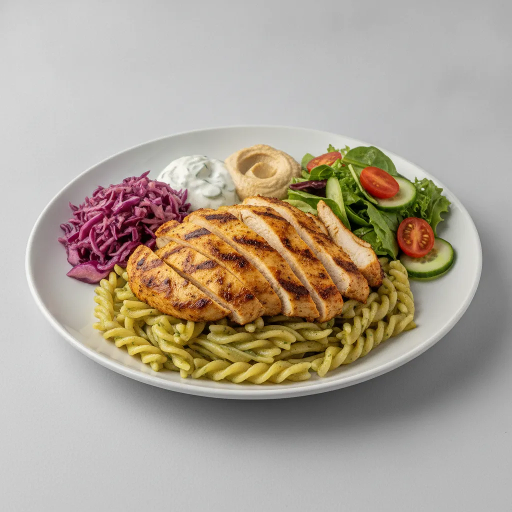 Basil Butter Pasta, Shawarma Chicken with Seasoned Cabbage and Garden Salad